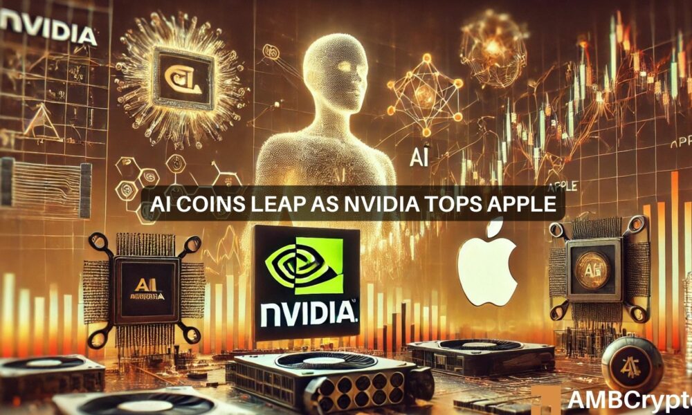 As Nvidia flips Apple at $3.43T, AI coins follow suit with big gains!