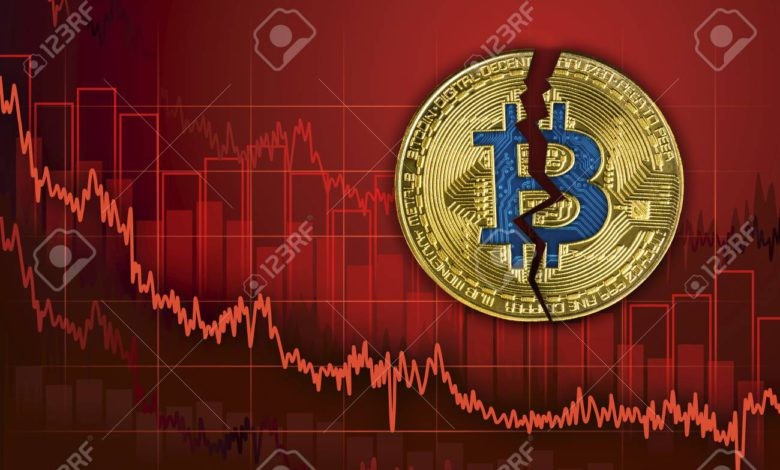 95440799 broken bitcoin fall in exchange and decrease of value cryptocurrency falling downtrend price graph b