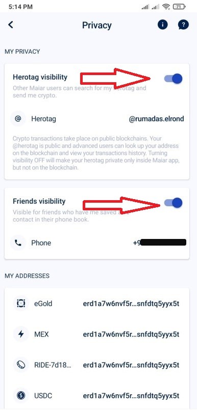 إعداد خصوصية الحساب في تطبيق محفظة Maiar