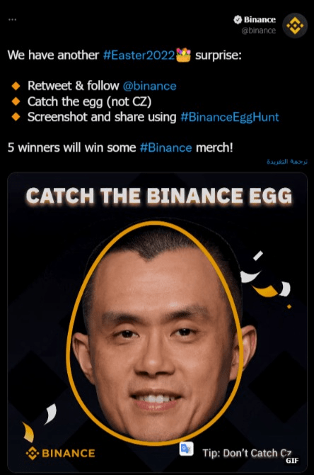 تويتر Binance على تويتر We have another Easter2022 surprise 🔸 Retweet follow @binance 🔸 Catch the egg not CZ 🔸 Screenshot and share using BinanceEggHunt 5 winners will win some Binance merch https