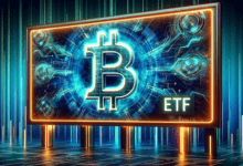DALL·E 2024 01 18 18.00.04 A wide format digital billboard displaying a vibrant and futuristic scene. The large glowing Bitcoin logo dominates the left side with intricate dig
