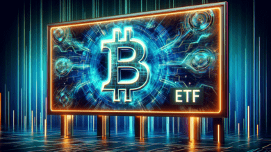 DALL·E 2024 01 18 18.00.04 A wide format digital billboard displaying a vibrant and futuristic scene. The large glowing Bitcoin logo dominates the left side with intricate dig