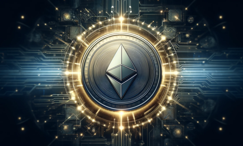 DALL·E 2024 05 10 11.45.11 A wide format image featuring a prominent Ethereum coin in the center with a futuristic and digital background. The background should include abstrac