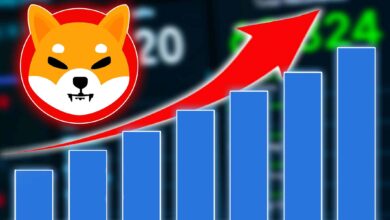 Shiba Inu SHIB logo with blue trading charts going up