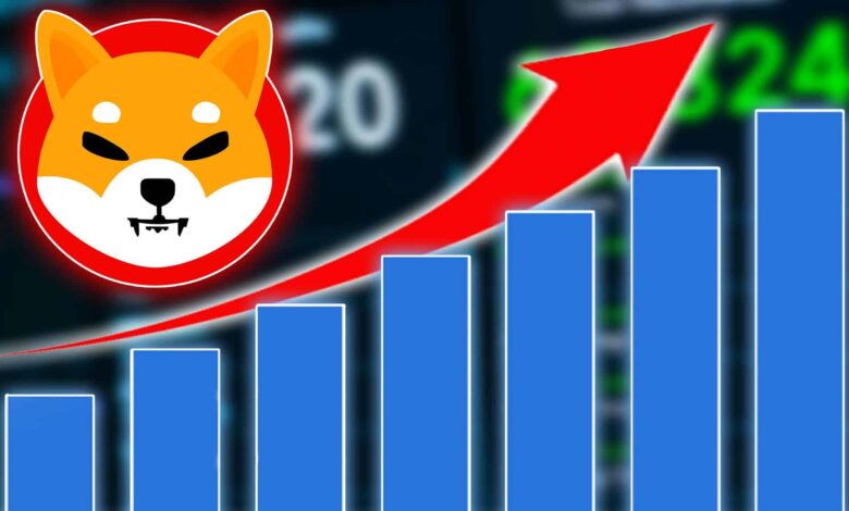 Shiba Inu SHIB logo with blue trading charts going up